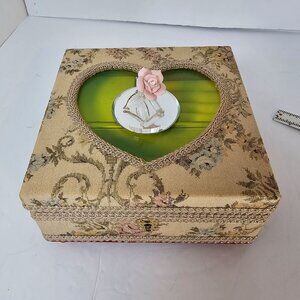 Vintage Schmid Fabric 1987 Collectible Working Musical Jewelry Box w Glass Heart